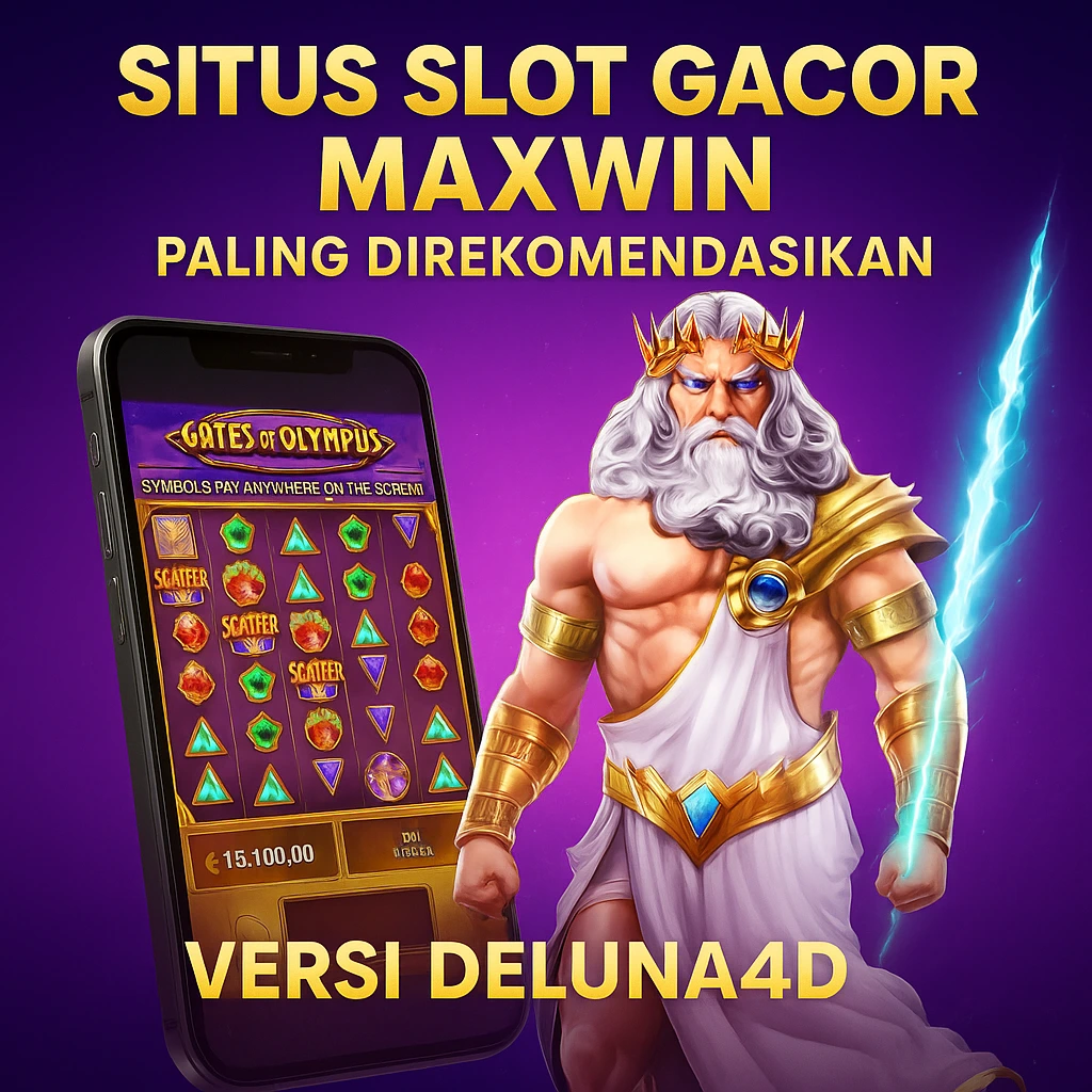 Zeus berdiri di samping slot Gates of Olympus dengan tampilan maxwin, mewakili situs slot gacor maxwin versi Deluna4d