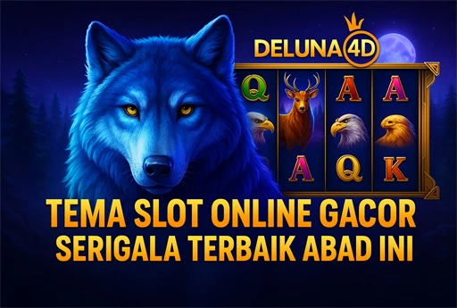 Ilustrasi 3D slot online bertema serigala dari DELUNA4D dengan simbol wild dan hutan malam