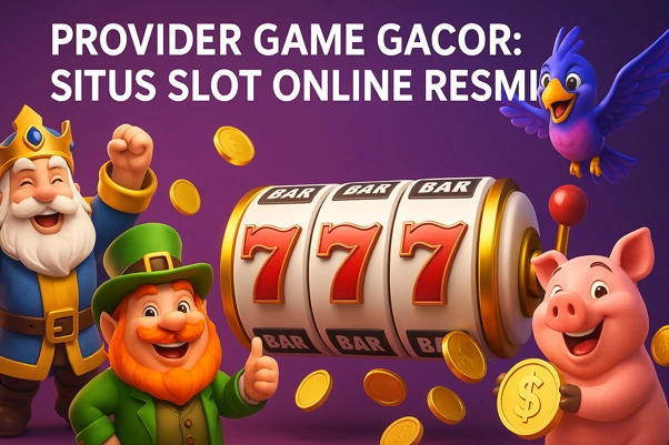 Provider Game Gacor: Situs Slot Online Resmi dengan slot gacor RTP tinggi, ilustrasi 3D karakter ceria di sekitar mesin slot jackpot